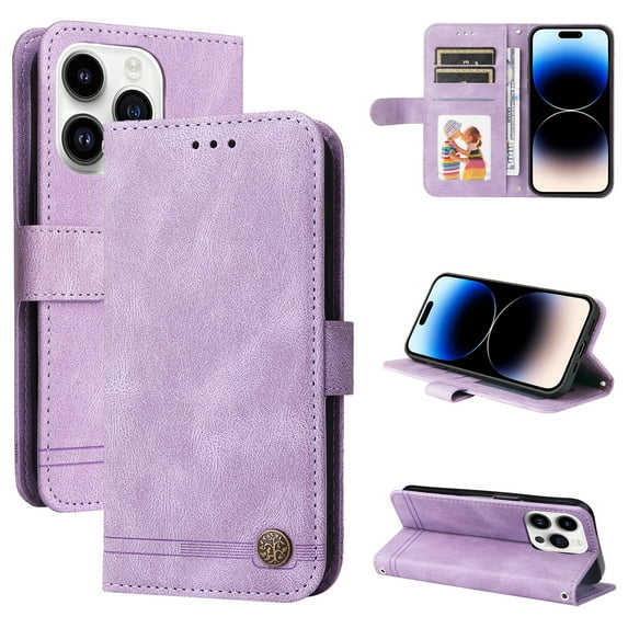 SaniMore Case for iPhone 14 Pro 6.1" 2022 with Wrist/Crossbody Strap,Retro PU Leather Anti-scratch Card Slots Cash Pocket Kickstand Shockproof Anti-drop Wallet Business Cover For iPhone 14 Pro, Purple