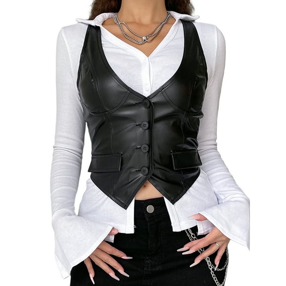 xiaxaixu Women´s Vest Leather V Neck Sleeveless Button Closure Design Slim Fit Breathable Versatile Tank Tops