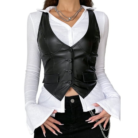 

Suanret Women PU Leather Button Down Crop Blazer Vest Halter Dressy Punk Corset Top V-Neck Sleeveless Waistcoat Jacket Black S