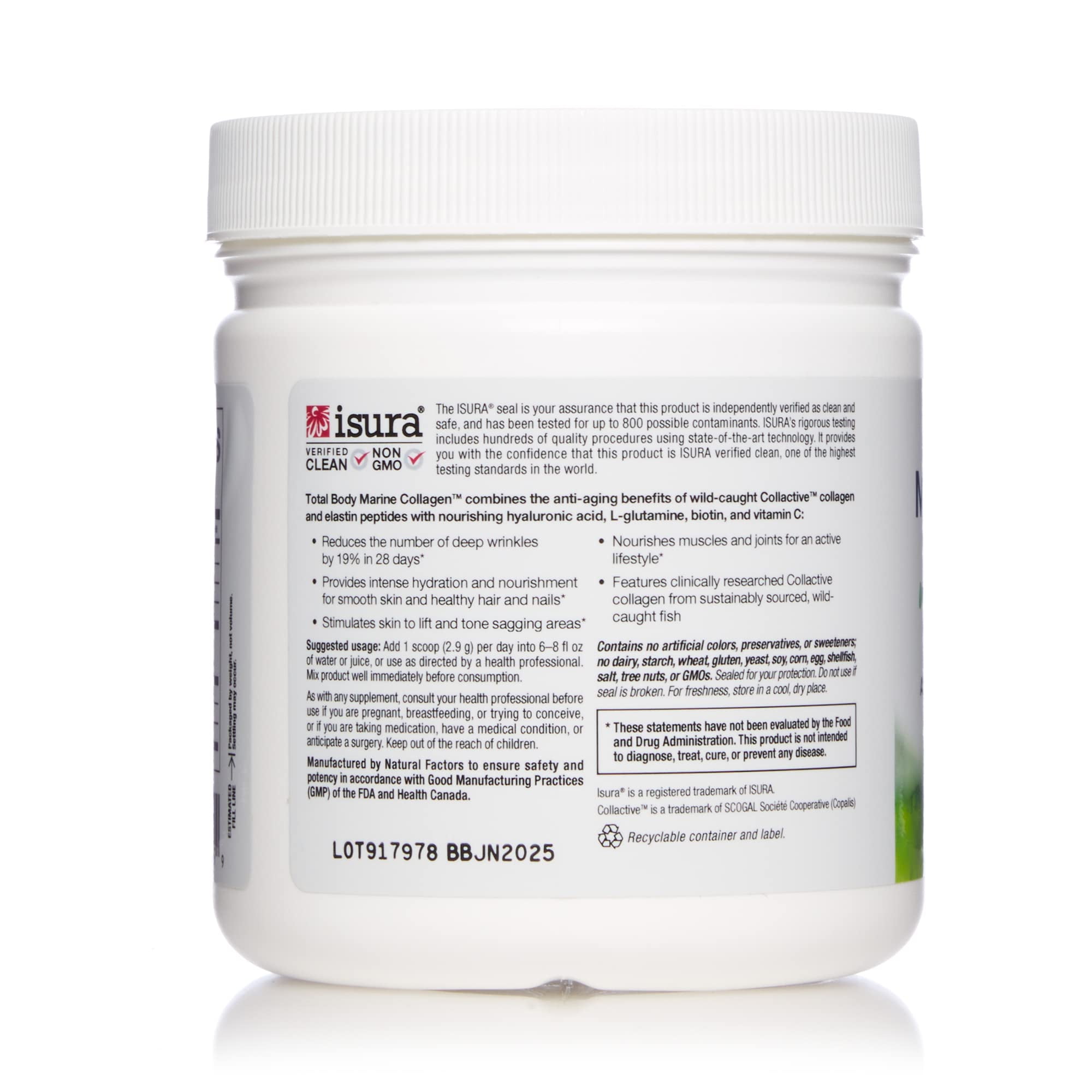 Natural Factors Total Body Marine Collagen, Bioactive Peptides Powder for Healthy Skin, Hair & Joints, Unflavored, 4.8 Oz