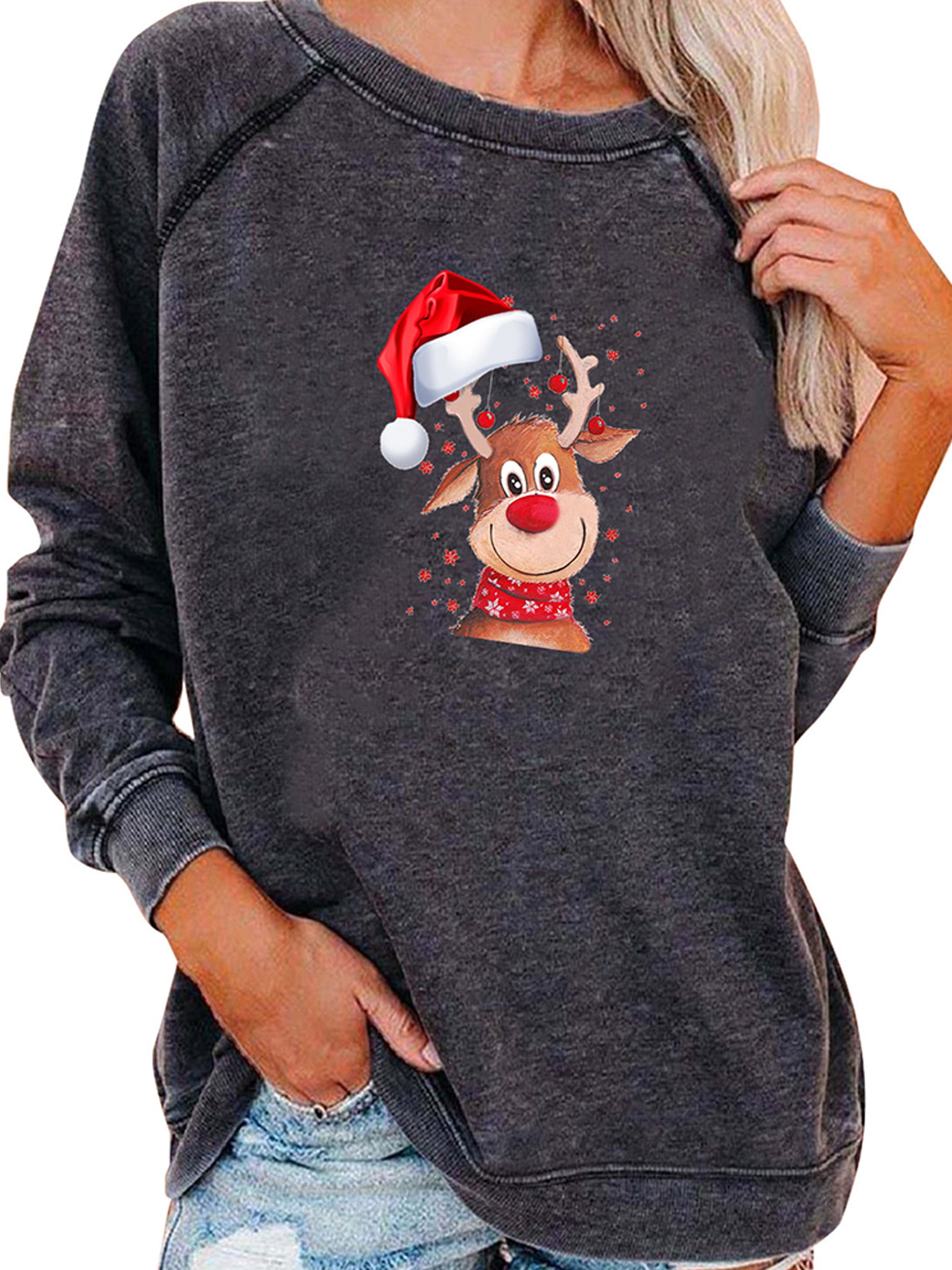 Womens Christmas Blouse Xmas Elk Print Pullover T Shirts Dress Loose Long Tops