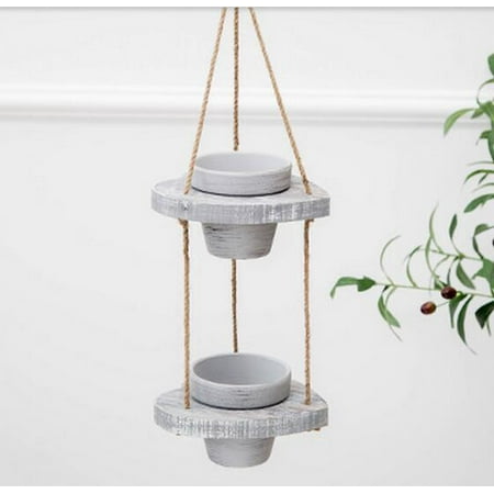 Hanging Ceramic Planter 2-Tier Hanging Planters Removable Ceramic Planter Pots Modern Design Arranged in Heart Shape Wooden Bases with Decorative Hemp of Rope ()