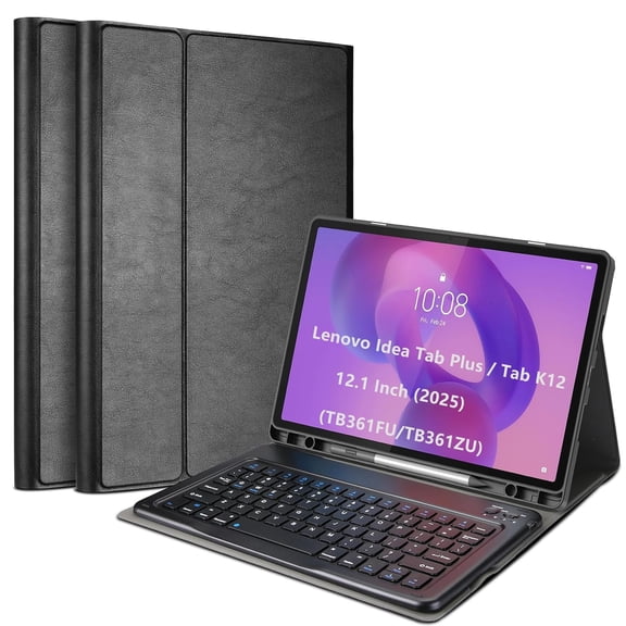 Keyboard Case for 2025 Lenovo Idea Tab Plus 12.1" /Tab K12, Black | Folio Cover with Magnetically Detachable Wireless Keyboard Multi-Angle Stand and Pencil Holder