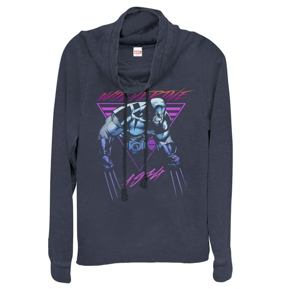 Junior's Marvel X-Men Retro Wolverine Cowl Neck Sweatshirt Navy Blue Medium