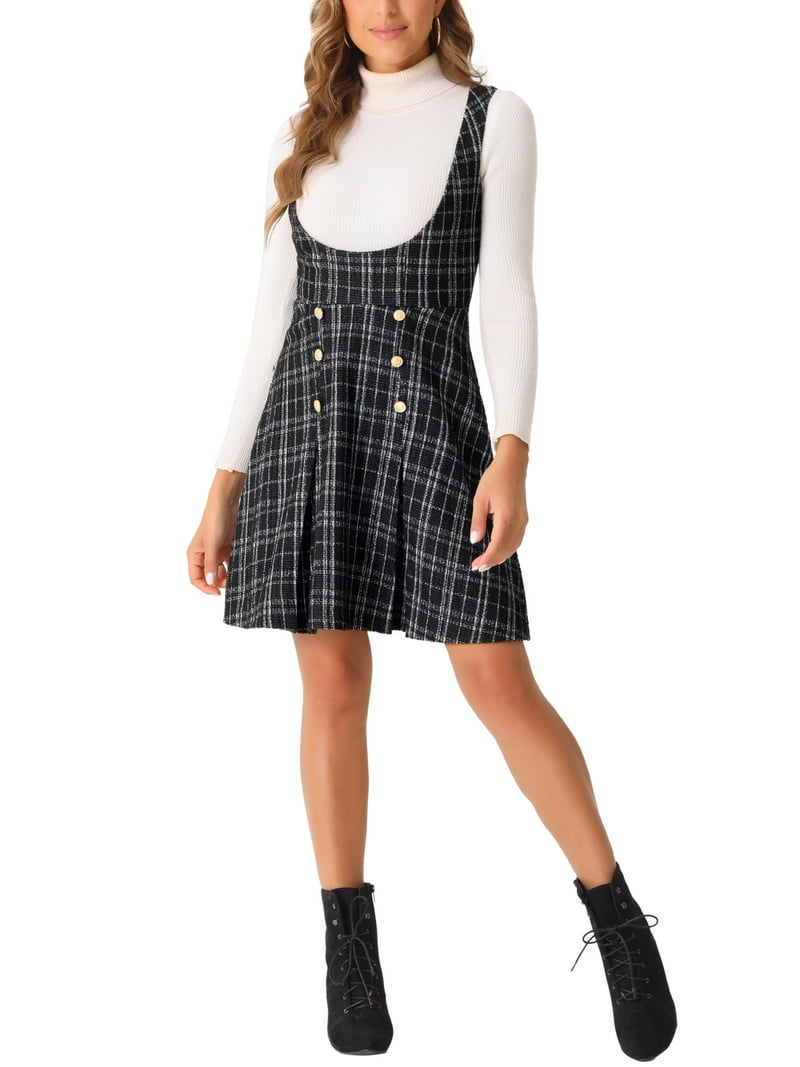 black a line pinafore dress Inspire Chic Women's Dress Pinafore Overall U Neck Tweed Plaid A-Line Dress XS Black