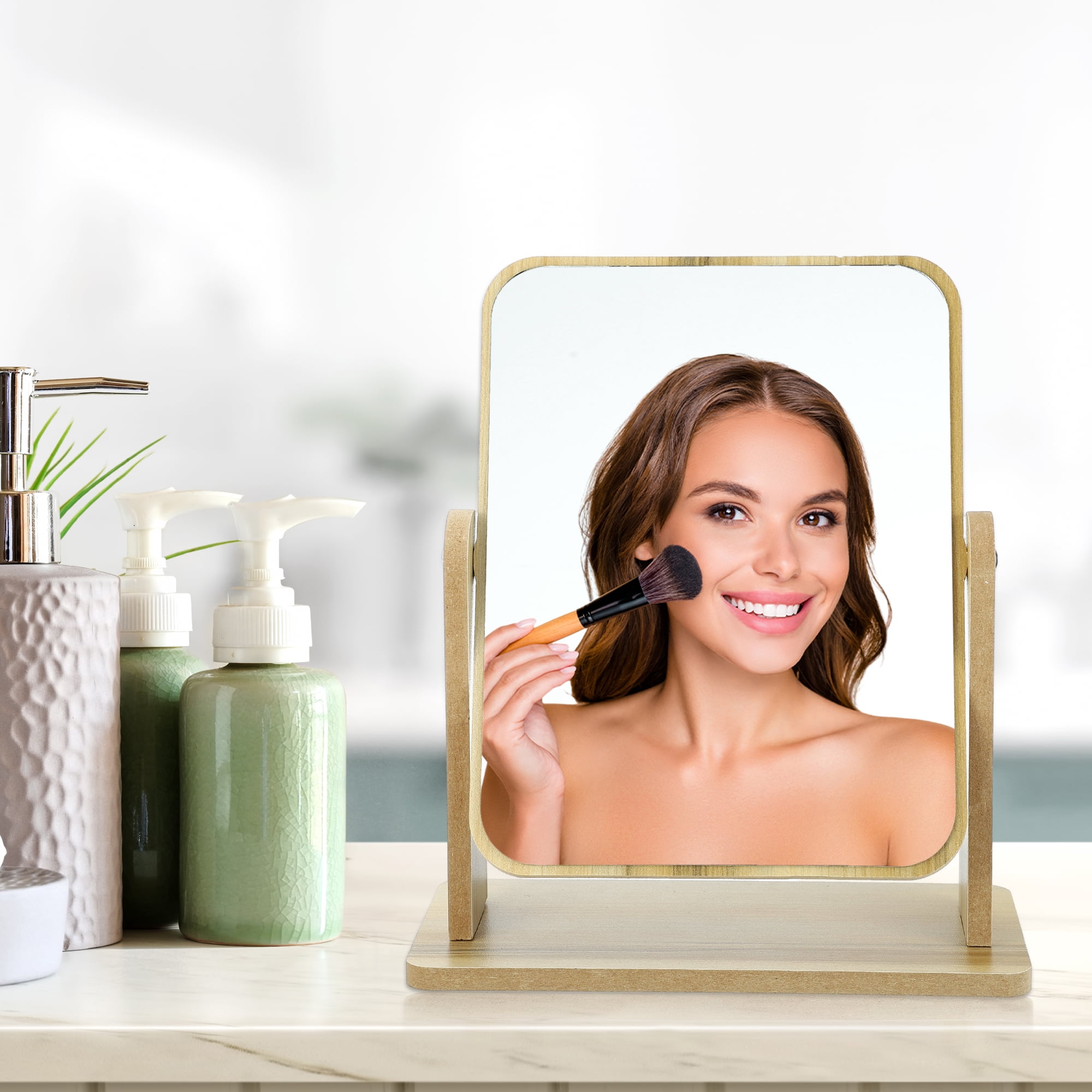 Unique Bargains Wooden Makeup Mirror 360 Rotating Desk Stand Beige 8.07"x3.94"x9.84"