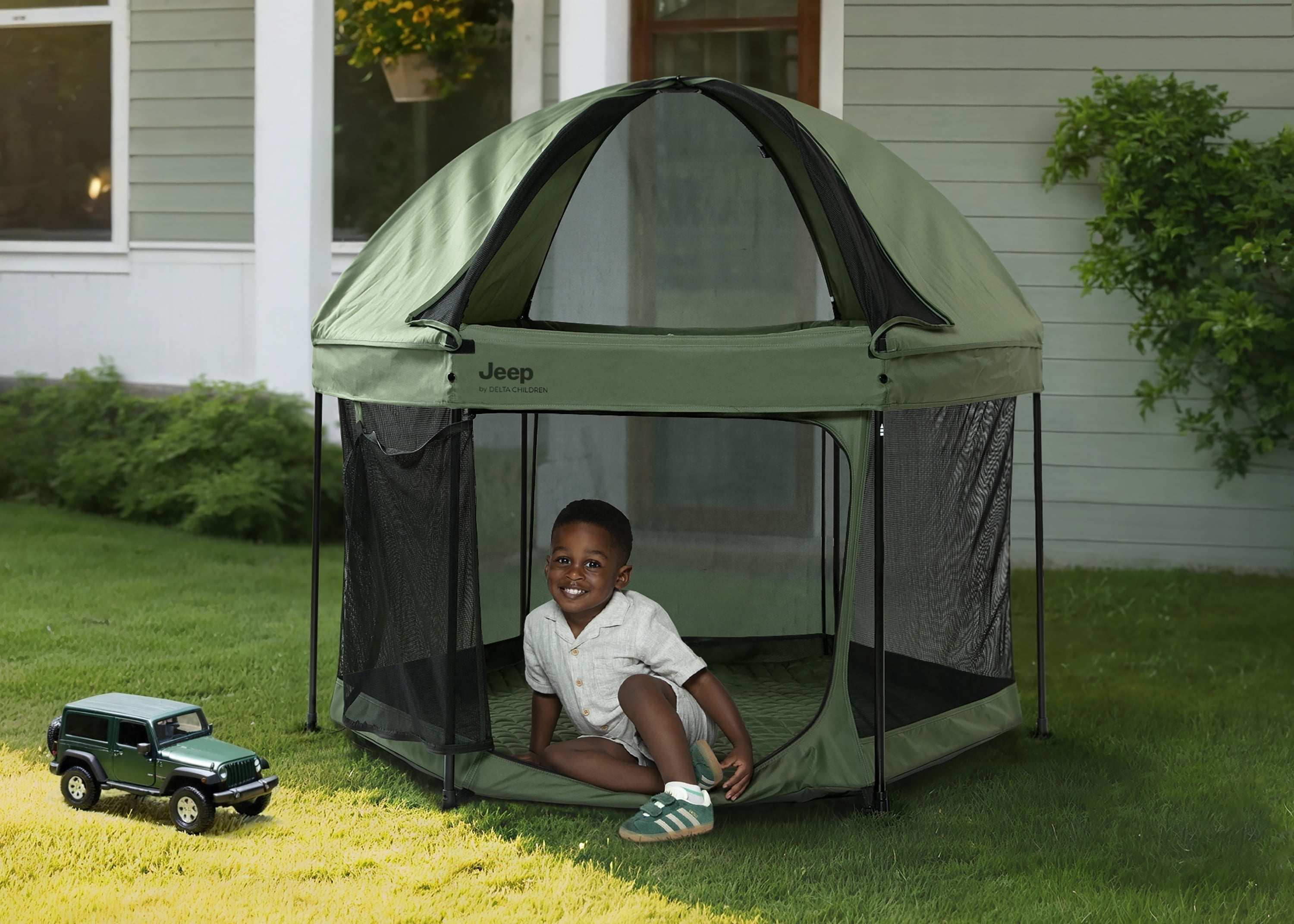 Jeep Hexagon Pop Up Play Yard with Removable Canopy - Ideal for Indoor and Outdoor Use, Olive Green