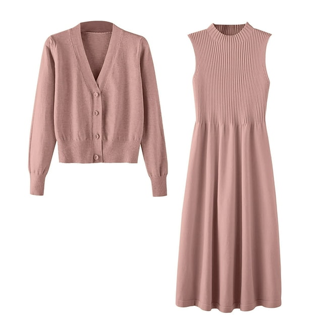 CEHVOM Ladies Fashion Sexy Solid Spring Autumn Causal V-Neck Two Piece Set Long Sleeve Up Solid Dress Sale