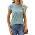thumbnail image 3 of Mujeres 2024 Verano Tops Dressy Casual Camisas Cuello Redondo Manga Casquillo Tops Básico Sólido Camiseta, 3 of 5