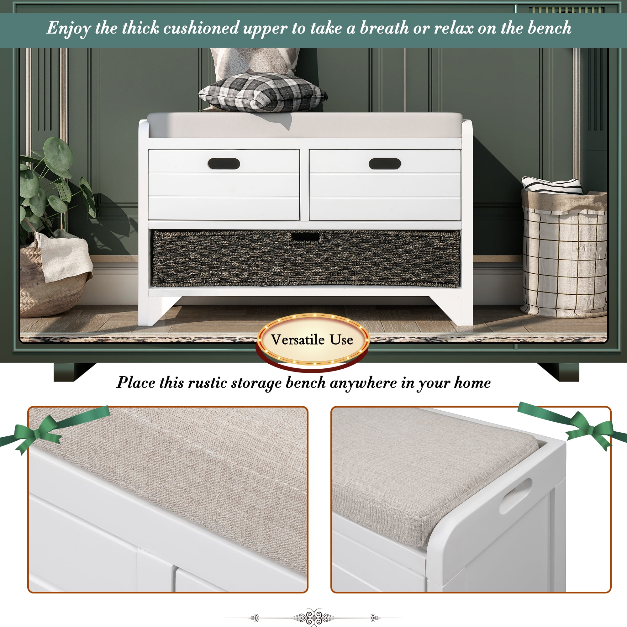 Aukfa Wood Storage Bench with Removable Basket and 2 Drawers for Entryway - White