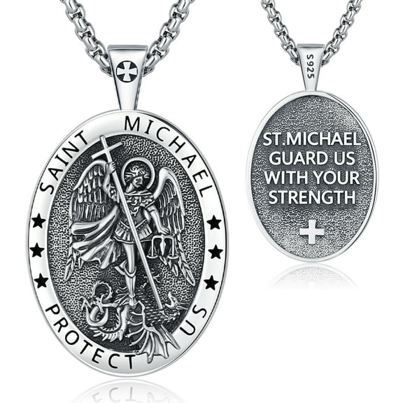 Drinsper St Michael Medal Necklace for Men Women, 925 Sterling Silver Saint Michael Archangel Medal Pendant Patron Courage and Protection Amulet Religious Jewelry Gifts