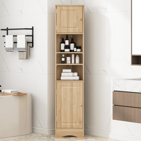 Multi-Functional Corner Cabinet Tall Bathroom Storage Cabinet with Two Doors and Adjustable Shelves, Open Shelf, Natural