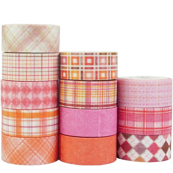 YUBX Basic Grid Washi Tape Set 12 Rolls Pink Plaid Masking Decorative Tapes