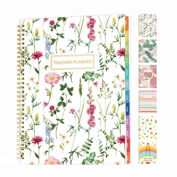SUNEE Teacher Planner 2026-2027 Academic Year, 7 Periods Lesson Plan Book Jul 2026 - Jun 2027, 8.5"x11"Daily Weekly Monthly Organizers Horizontal Layout with Calendars, Bookmark, Tabs, Wildflowers