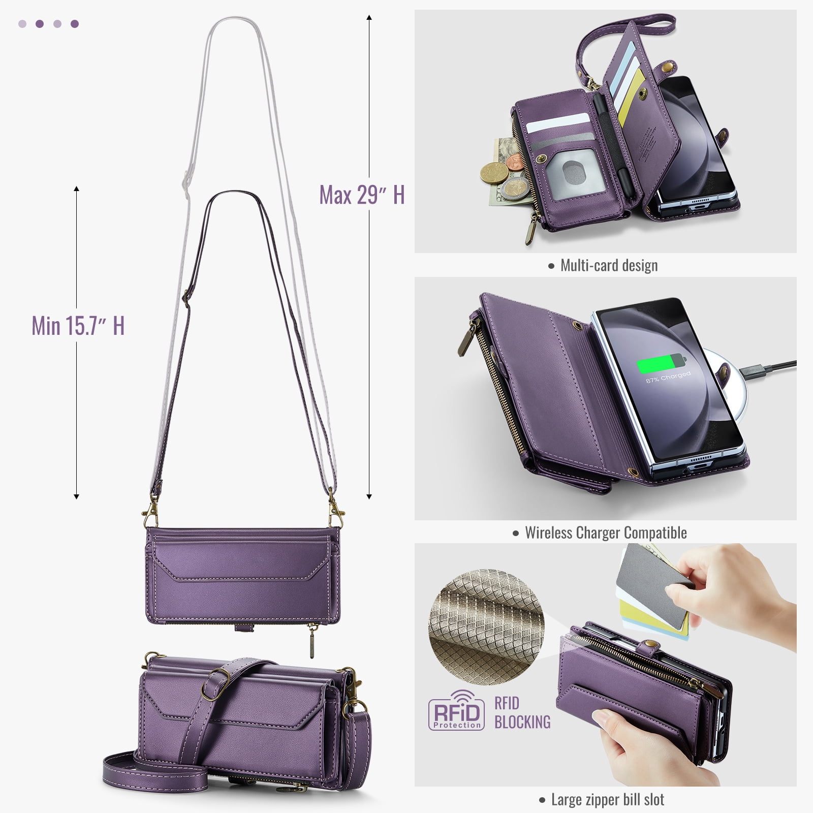 Asuwish Compatible with Samsung Galaxy Z Fold 5 5G 2023 Zipper Wallet Phone Case With pen slot Crossbody Lanyard Strap Flip Card Holder Slot Cell Cover for ZFold5 Z5 G Fold5 5Z Women Girls Purple