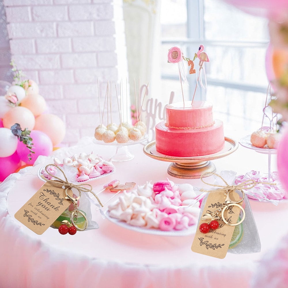 Zinc Alloy Resin Cherry Keychains with Jute Cord Kraft Paper Price Tag Organza Bags Golden Mixed Color 92.5mm DIY