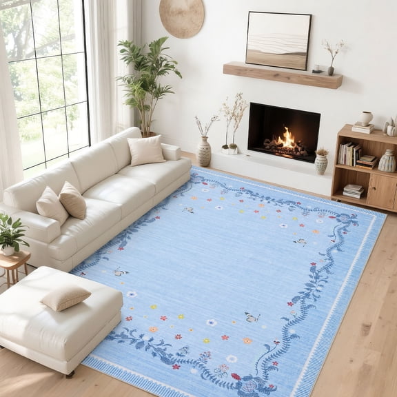 Garvee 5'x7' Butterfly Floral Border Area Rug Vintage Print Carpet, Washable Non‑Slip Rug for Living Room Bedroom Home Office, Blue