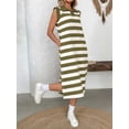 thumbnail image 4 of Womens Striped Summer A Line Dress Casual Cap Sleeve Lapel Neck T Shirt Dresses with Pockets  Green L, 4 of 7
