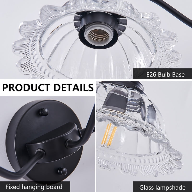 24" Vintage 3-Light Bathroom Wall Sconce, Elegant Black Metal Vanity Light with Clear Glass Shades, Wall Mounted Fixture for Bathroom, Hallway, Bedroom (Bulbs Not Included)