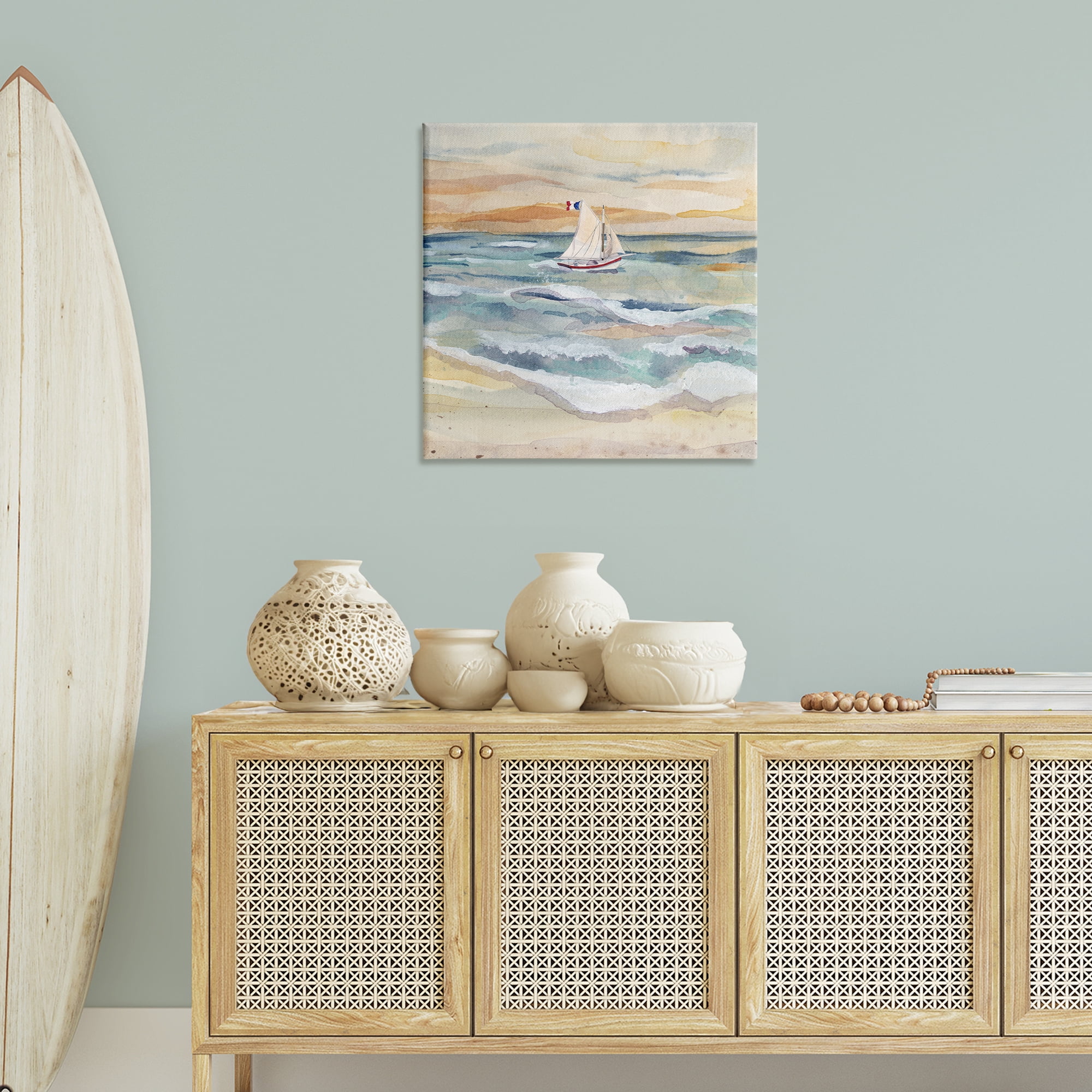 Stupell Industries Watercolor Boat Beach View Transportation Painting Gallery Wrapped Canvas Art Print Wall Art, 30 x 30