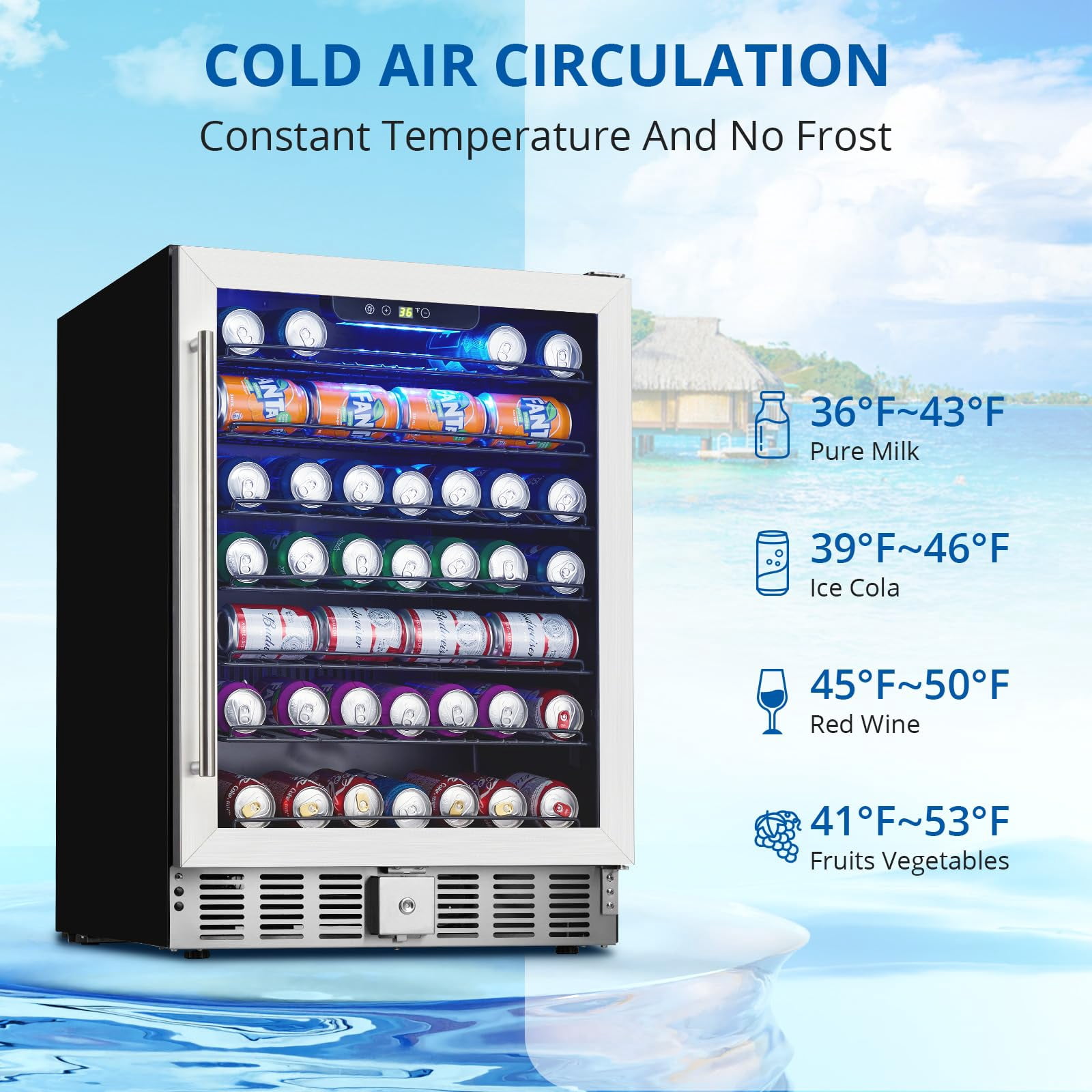 Luku 24 Inch Beverage Refrigerator, 5.1 Cu.Ft Beverage Fridge, 166 Cans Capacity Drink Fridge with 36～60°F Adjustable Digital Temperature Control Compressor and Safety Lock