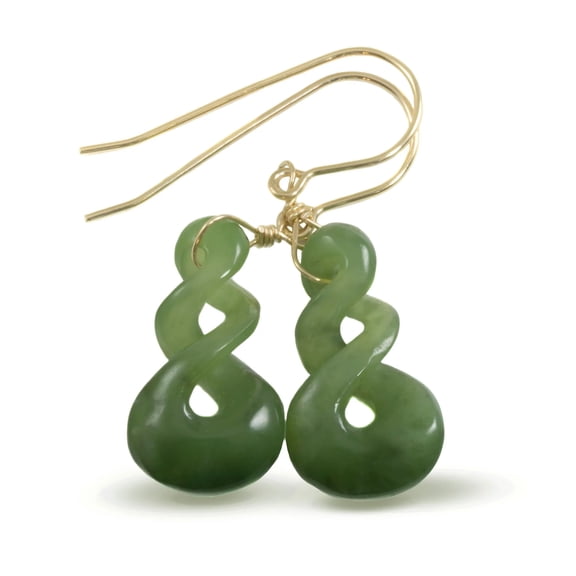 Spyglass Designs 14k Gold Filled Nephrite Green Jade Earrings Carved Triple Infinity Dangles Womens