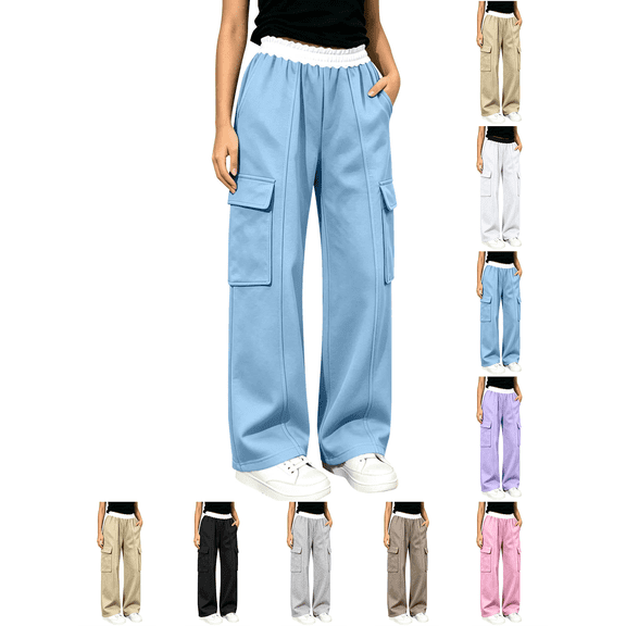Girls Sweatpants Nelozsy Kids Contrast Elastic Waist Cargo Pants Multi Pocket Loose Wide Leg Casual Sweat Trousers Sky Blue 5-6 Years
