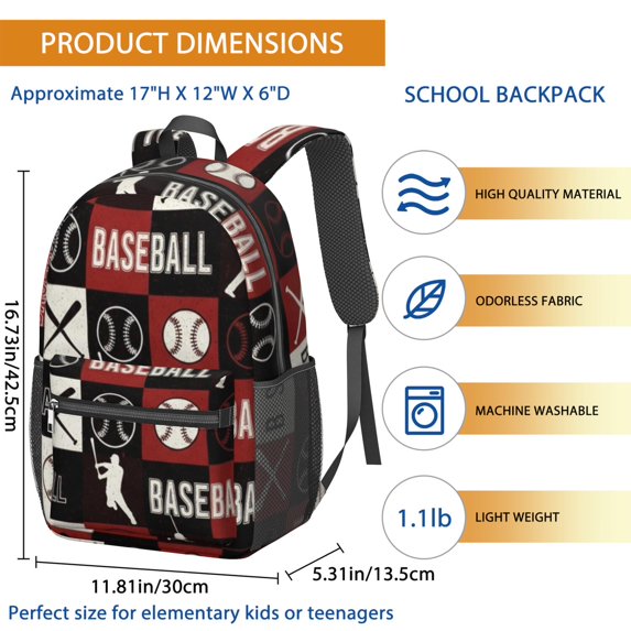 Baseballs and Player Silhouettes 17" Waterproof Oxford School Backpacks for Teens, S-Shape Padded Straps, for School, Travel, Hiking, Camping