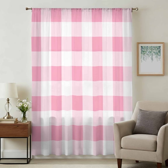 Pink Checkered Sheer Curtains 63 Inches Long, Pink White Buffalo Plaid Light Filering Curtains, Breathable Simi Curtain Privacy Drapes for Living Room Bedroom Lightweight Window Treatment