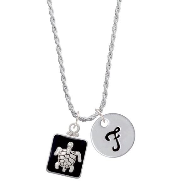 Delight Jewelry Silvertone Turtle on Black Frame Silvertone Script Initial Disc - F - Charm Necklace, 20"+3"