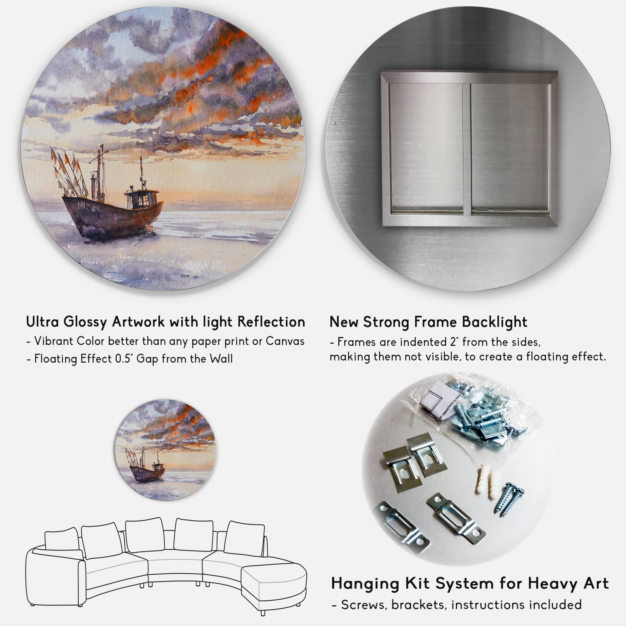 Designart 'Wooden Fishing Boat On The Baltic Shore With Evening Clouds' Nautical & Coastal Circle Metal Wall Art 36x36 - Disc of 36