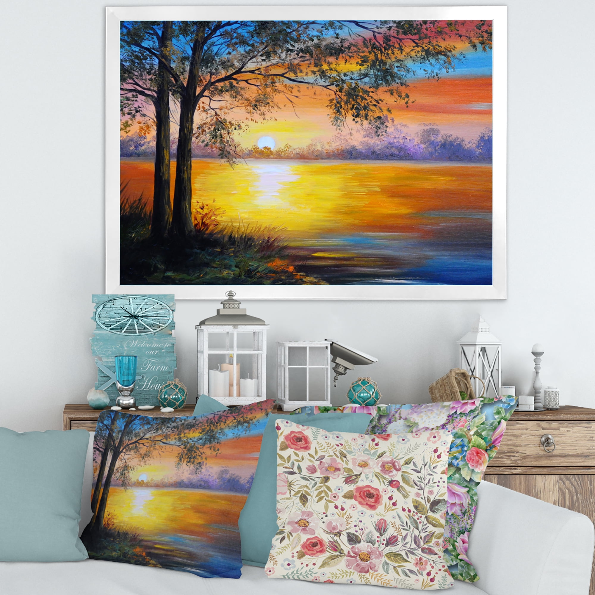 Designart 'Tree Near The Lake in Evening' Traditional Framed Art Print
