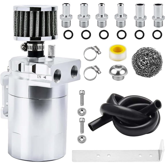300ML Silver Universal Baffled Oil Catch Can Kit - Aluminum Reservoir Tank with Breather Filter for Engine Oil and Moisture Separation