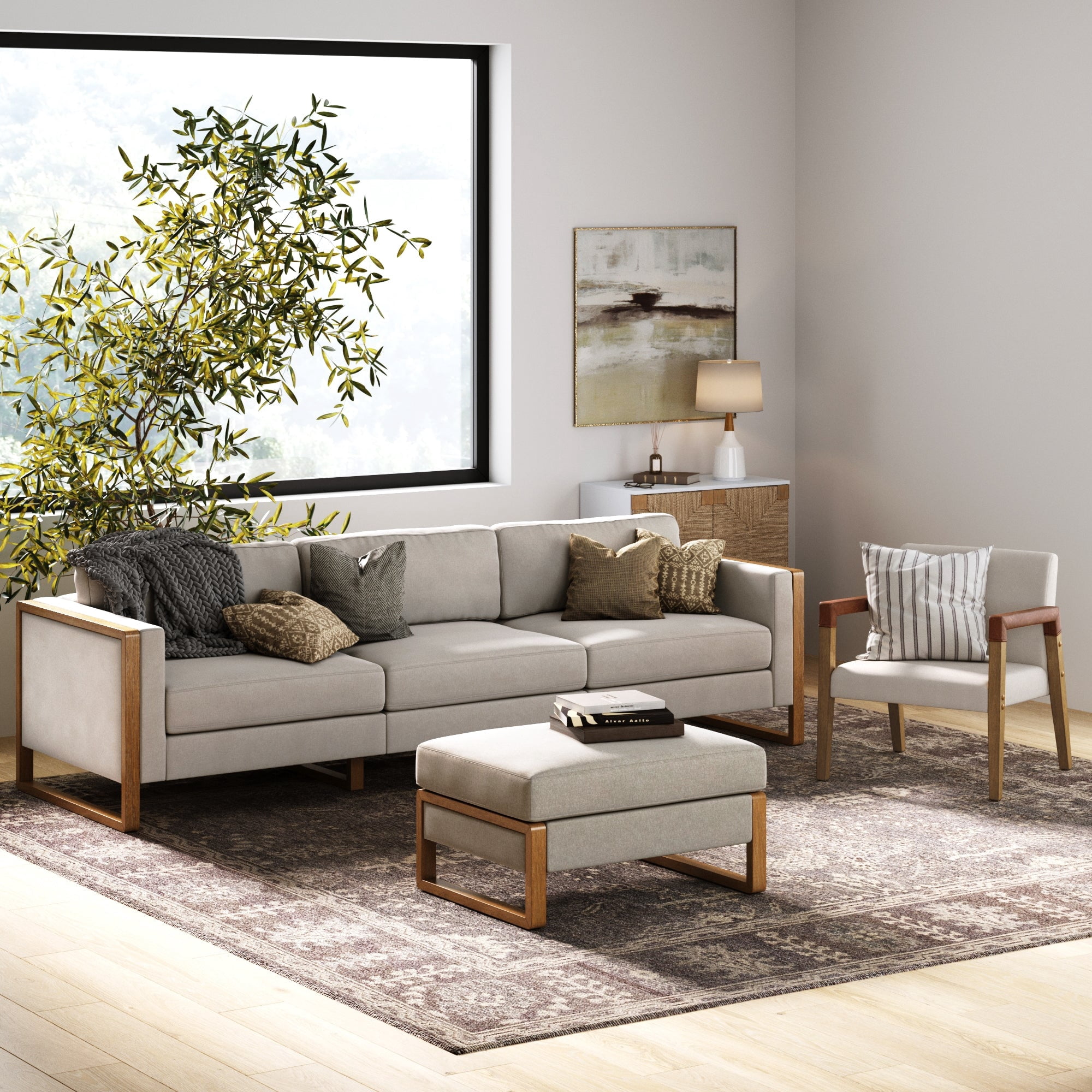 Nathan James Madison Modern 3-Seater Sofa Set with Storage Ottoman, Upholstered Modular Sofa with Cushion and Solid Wood Legs, Sand/Light Brown