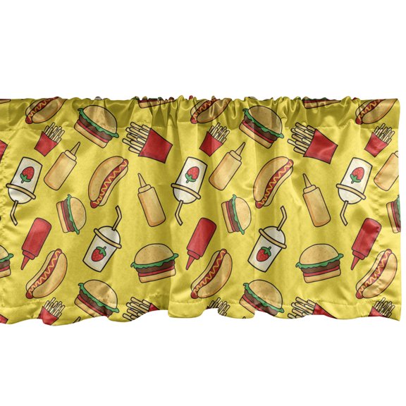 Ambesonne Food Valance Pack of 2, Funny Cartoonish Fast Food, 54"X12", Yellow Multicolor