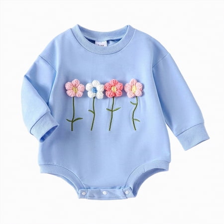 CAICJ98 Newborn Baby Girl Clothes 3D Floral Long Sleeve Sweatshirt Romper Onesie Bodysuit Fall Winter Infant Outfits (Blue,3-6 Months)