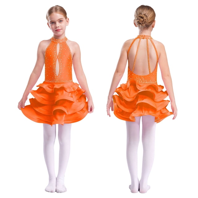 Yruioon Big Girls Salsa Rumba Chacha Dance Dress Rhinestones Latin Jazz Dancer Costume Backless Leotard Orange 8