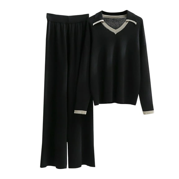 Scyoekwg Womens 2 Piece Outfits Sweater Set Loose Comfortable Fashion Fall Outfits Two-piece Knitted Suit Crewneck Long Sleeve Tops Wide Legs Pants Casual Solid Color Outfits (Black,M)