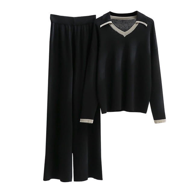 Yuyuzo Womens Ribble Knit Fall 2 Piece Sets Long Sleeve Lapel V Neck Shirts with Straight Leg High Waisted Pants