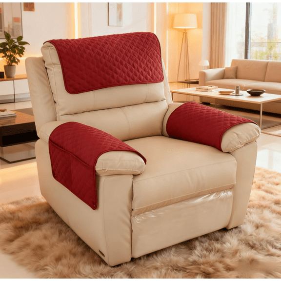 Garayma 3 Pcs Recliner Covers Armrest Covers with Storage Pockets Headrest Cover Armchair Slipcovers Sofa Recliner Protector Red