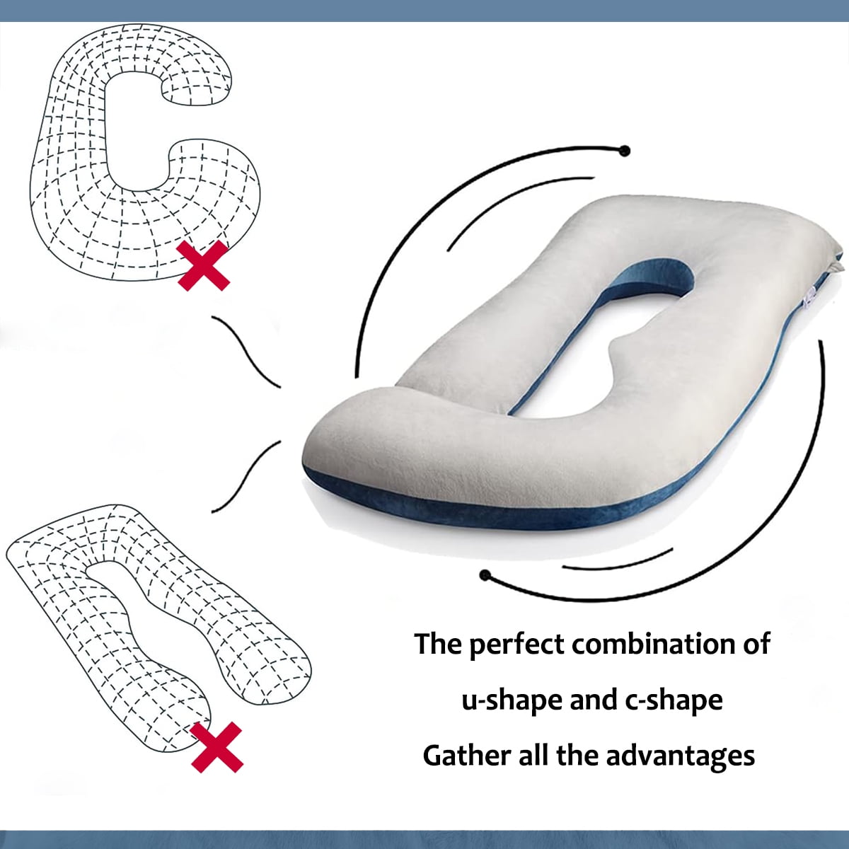 Supportive Ergonomic J-Shape Polyester Maternity Pillow for Multi-Position Sleeper, Blue-Gray