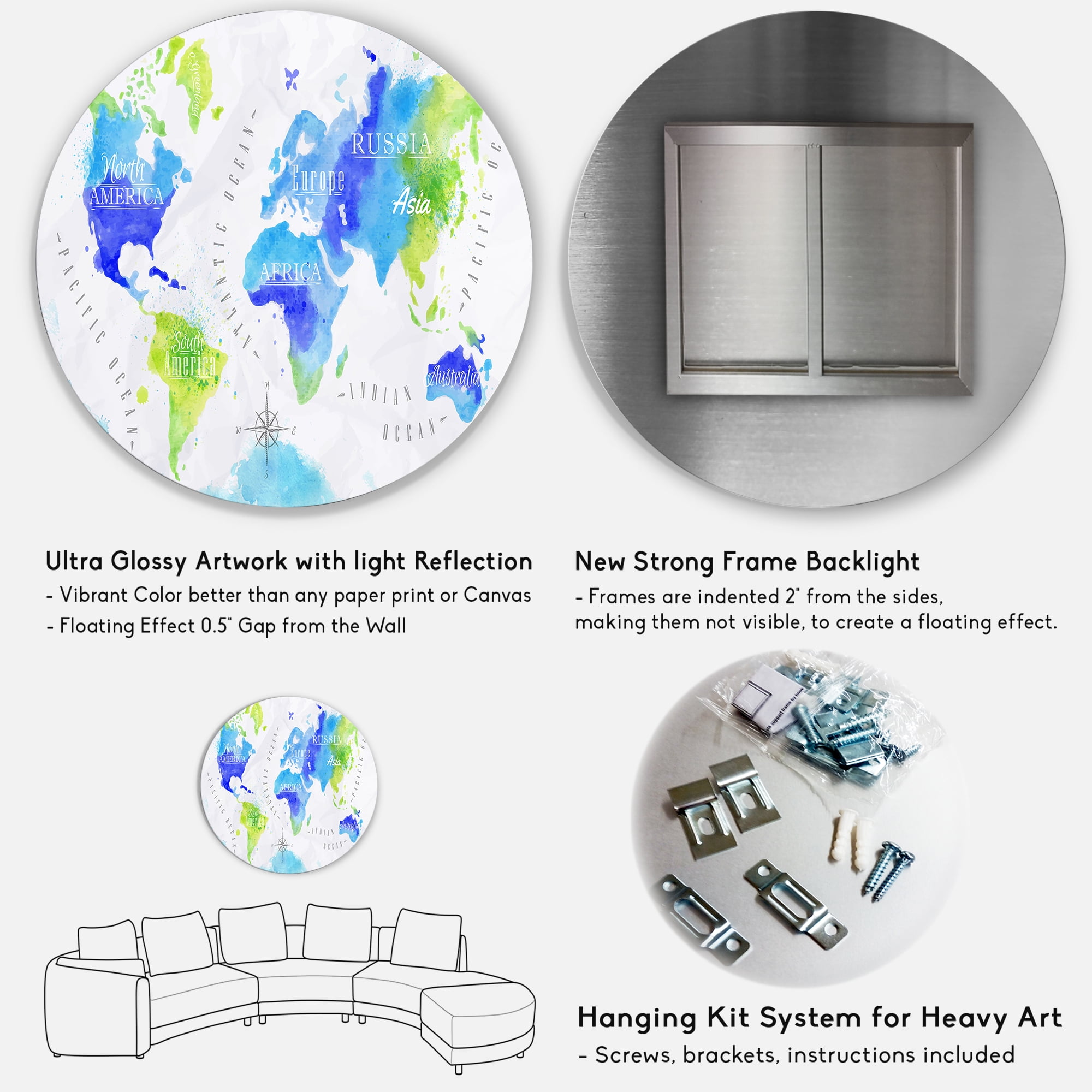 Designart 'World Map In Blue and Green' Modern Circle Metal Wall Art 36x36 - Disc of 36