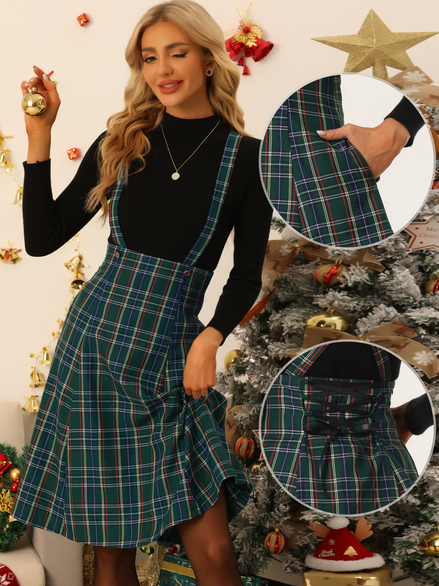 DARING DIVA Women's Tartan Pinafore Plaid Midi Suspender Skirt XL Green