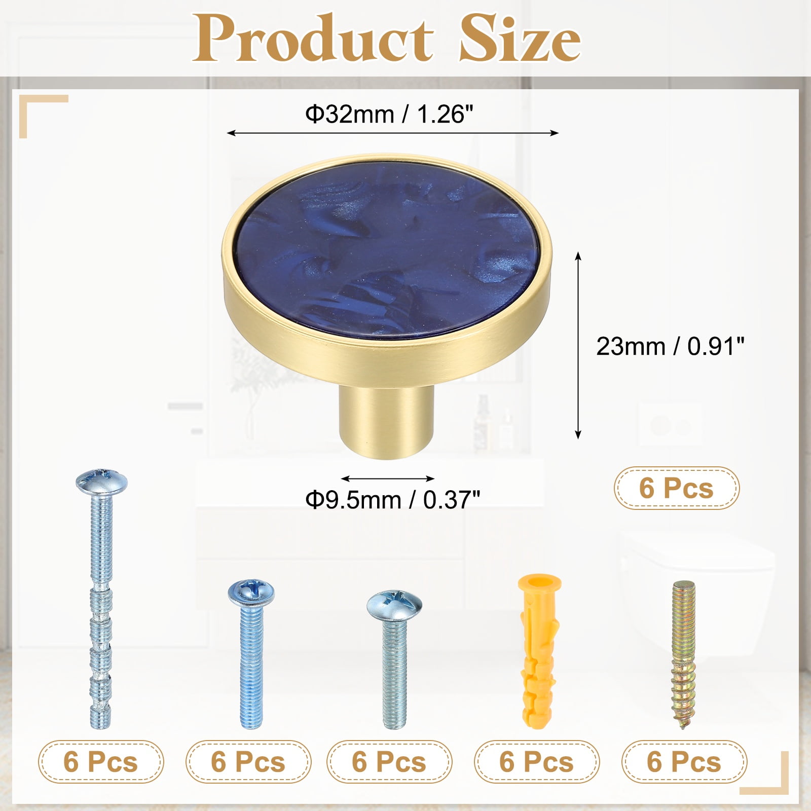 6Pack Gold Cabinet Knobs 1-1/4" Round Knobs Cabinet Handles, Sapphire Blue