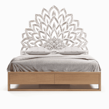 Hand Carved Half Moon Lotus Flower White Wash Bed Headboard Home Decor (Twin XL Size- 55x40x1 -inches)