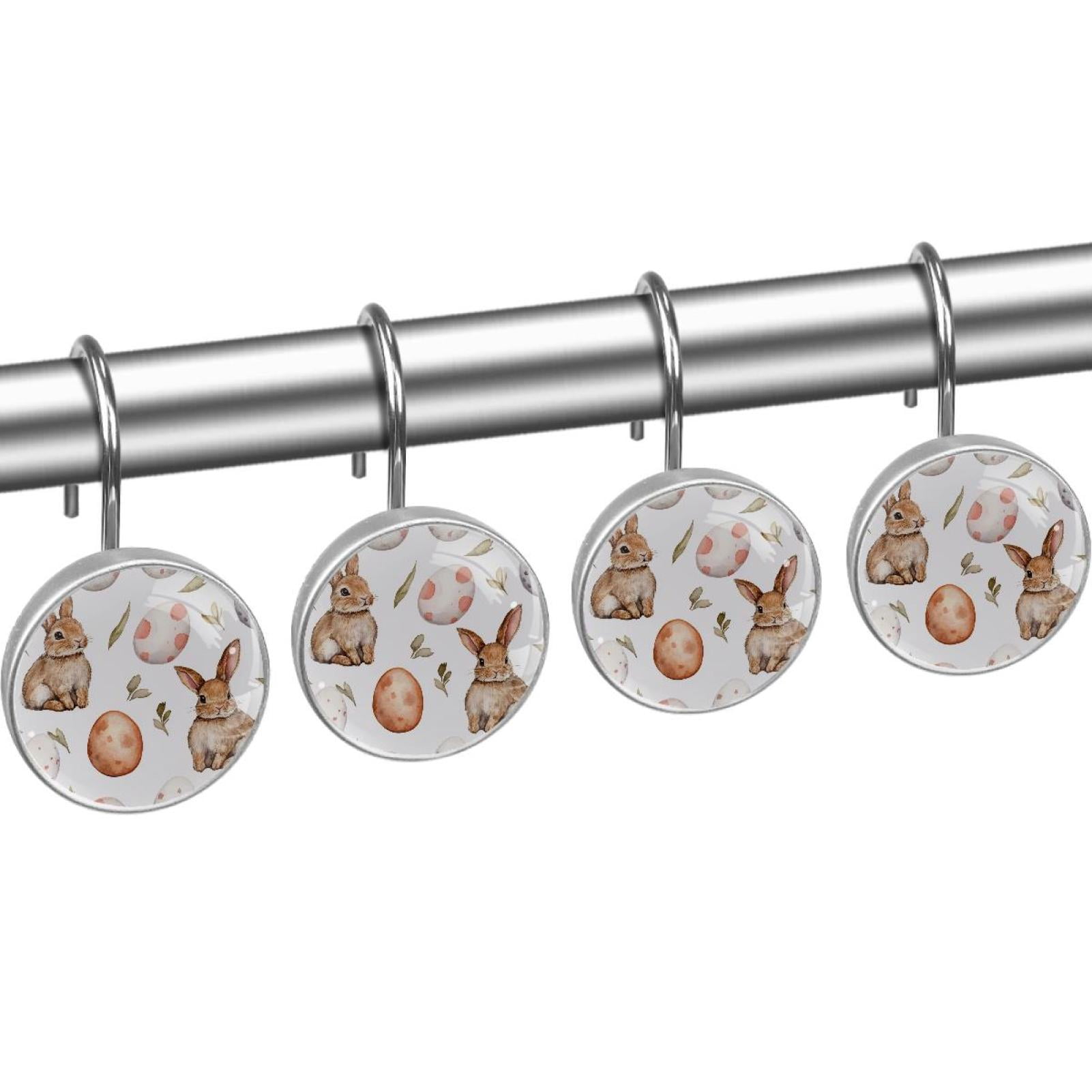 Easter Bunny and Eggs Shower Curtain Hooks Round Crystal Glass, Set of 12 Shower Curtain Rings - Shower Hooks for Curtain Shower Rings