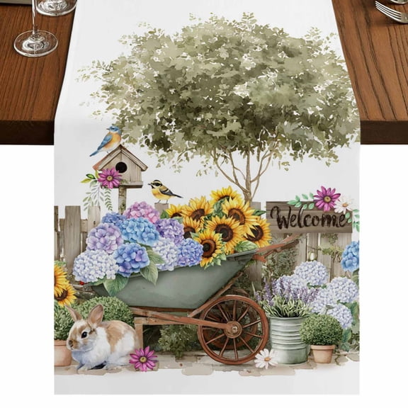 Table Runners 36 Inches Long Dress Scarves, Spring Flowers Farmhouse Kitchen/Dining Table Runner, Short Coffee Tablerunners, Farmhouse Garden Hydrangea Sunflowers Bunny 13x36 Inch