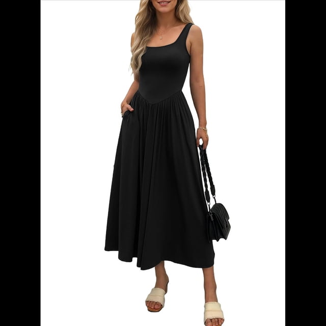 Vestido de Verano para Mujer, Sin Mangas, Cuello Cuadrado, Informal, para Playa, con Bolsillos, Tejido de Patchwork Fluido Negro S