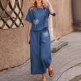 thumbnail image 2 of 2024 Clearance! JINMGG Two Piece Outfits Women, 2024 Fashion Fall Clearance Ladies Summer Fashion Casual Loose Round Neck Short Sleeve Printing Wide Leg Linen Suit Navy L, 2 of 5