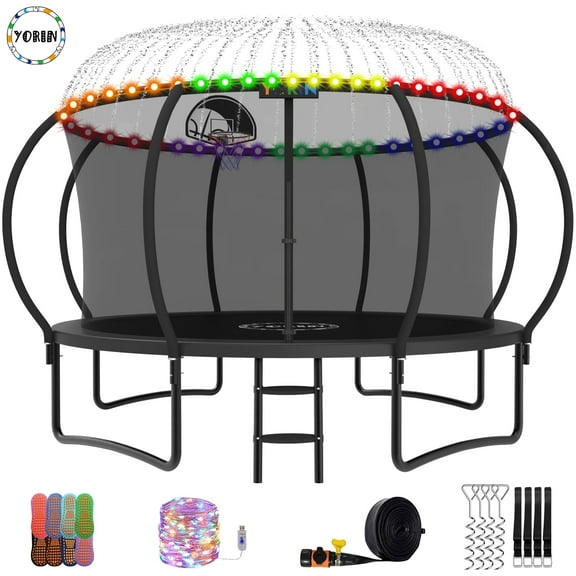 YORIN Trampoline for 7-8 Kids, 14 FT Trampoline for Adults with Enclosure Net, Basketball Hoop, Ladder, 1400LBS Outdoor Recreational Trampoline, Heavy Duty Trampoline with Light, Sprinkler, Socks